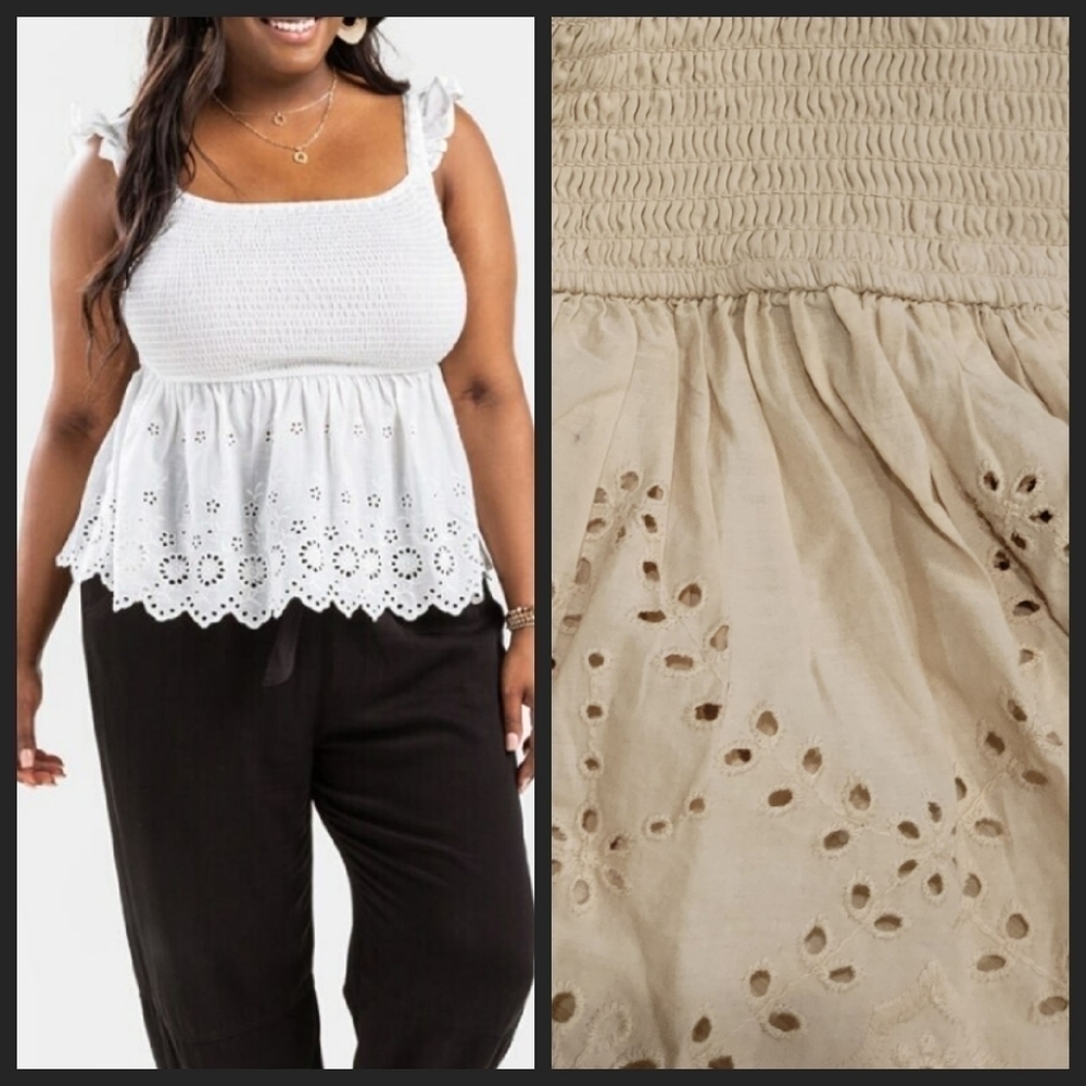 NEW! JAPNA Cotton Smocked Eyelet Peplum Top Large.